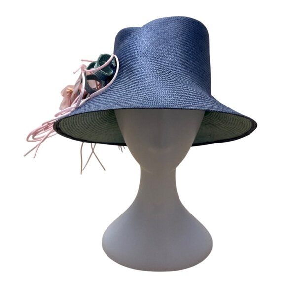 Vtg Nordstrom Blue Straw Hat W/ Pink Floral Accent & Green Ribbon Embellishment - Picture 1 of 11